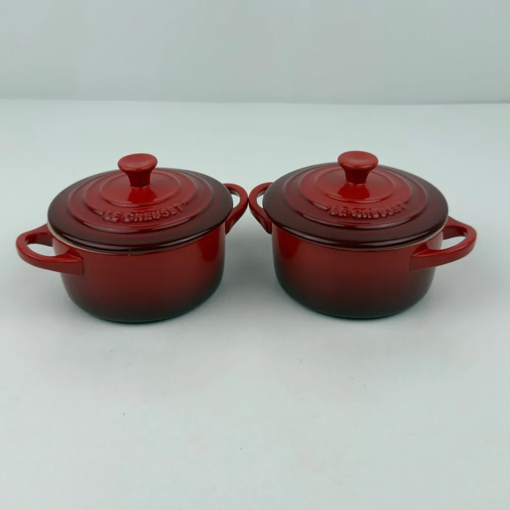 Le Creuset Cerise Red 8 oz Mini Round Cocotte Stoneware Set of 2 New
